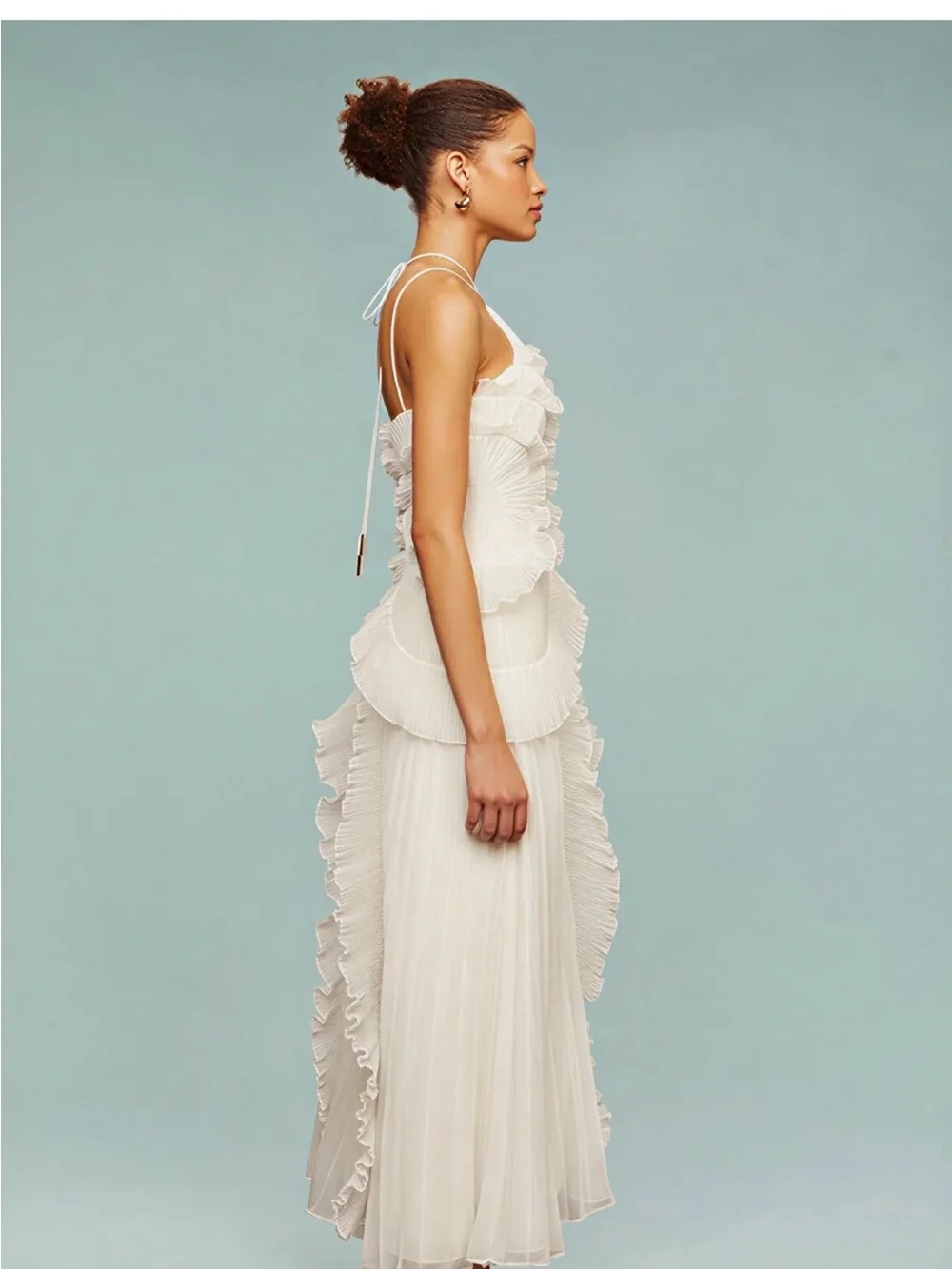 Elegant White Ruffled Halter Midi Dress - Picture 2 of 5